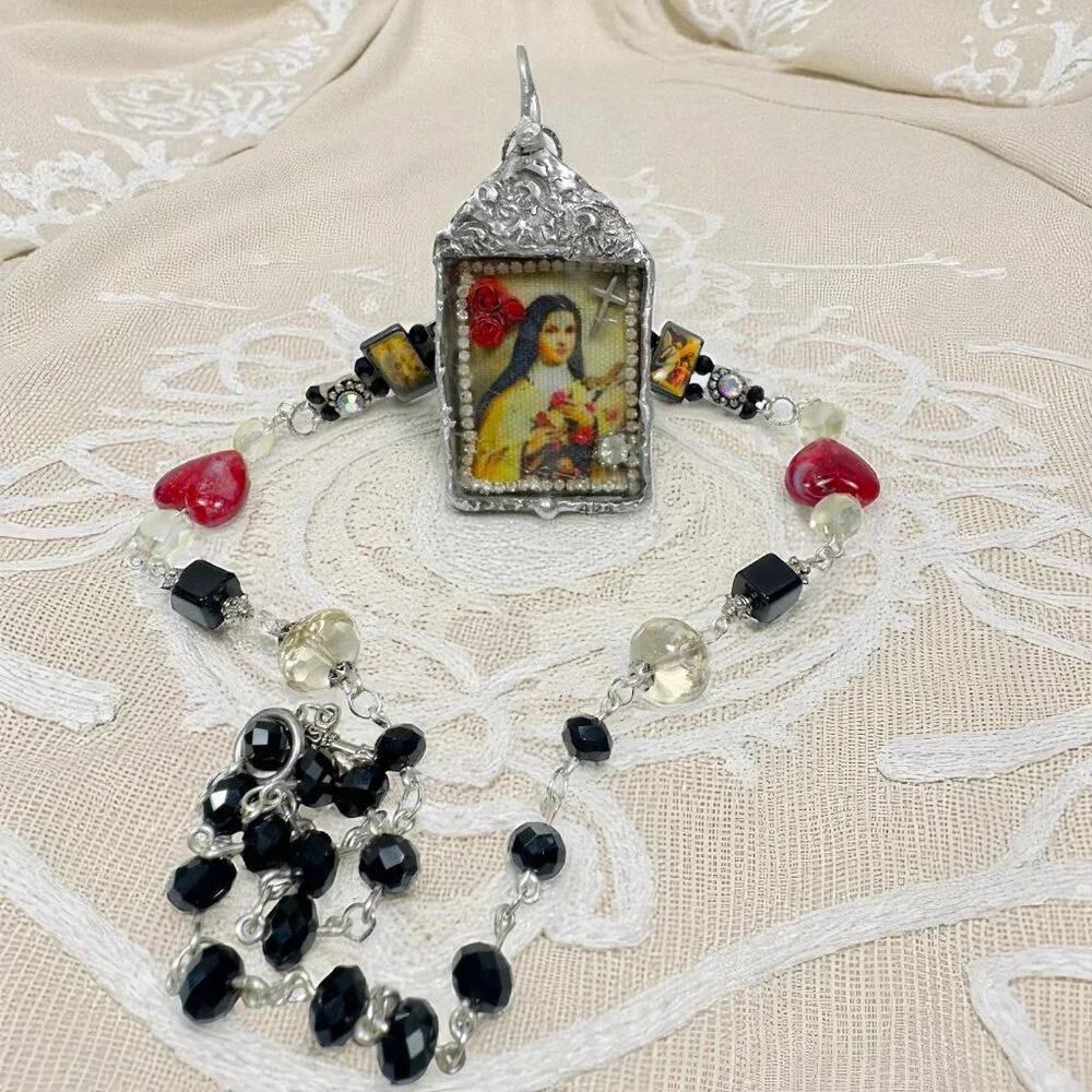 Handcrafted St Teresa Glass Shadow Box Pendant & Artisan Metalwork & Necklace - Picture 3 of 15